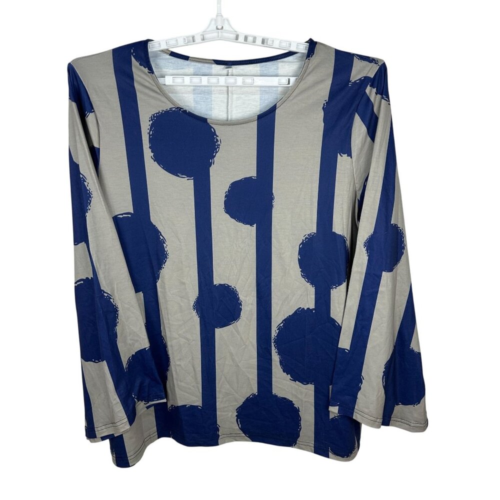 3XL Womens Long Sleeve Top Blue & Gray Abstract Geometric Pattern Stretch Fabric
